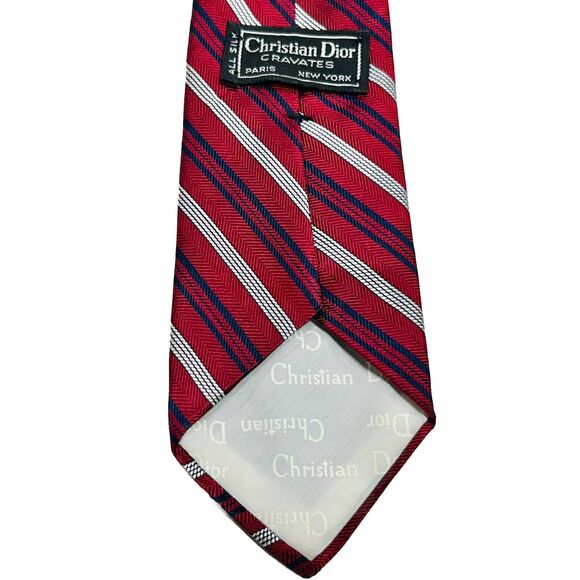 Vintage Christian Dior Neck Tie Men’s Red White Blue 90s Stripes Silk 56.5" x 3" - Picture 8 of 9